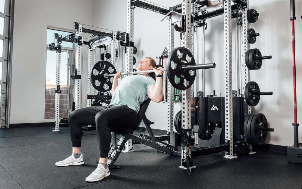 incline barbell bench press on bench with ares cable machine and pr-5000