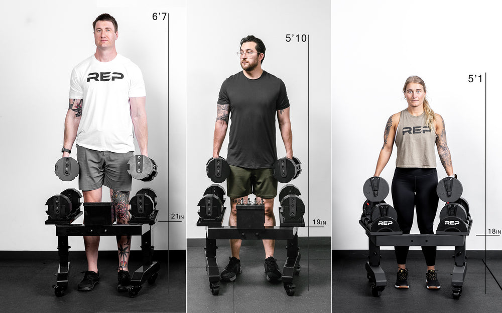 3 part photo showing 3 athletes of different heights unracking dumbbells from the 3 different height settings of the REP Adjustable Dumbbell Stand.