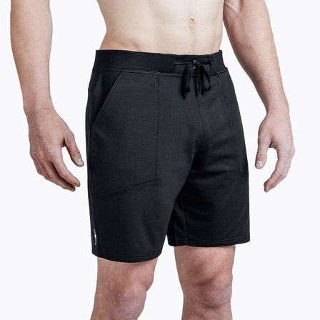 Studio shot: Athlete wearing REP’s Men’s Apollo Shorts with a 9 inch inseam in Heather Black/Cool Gray
