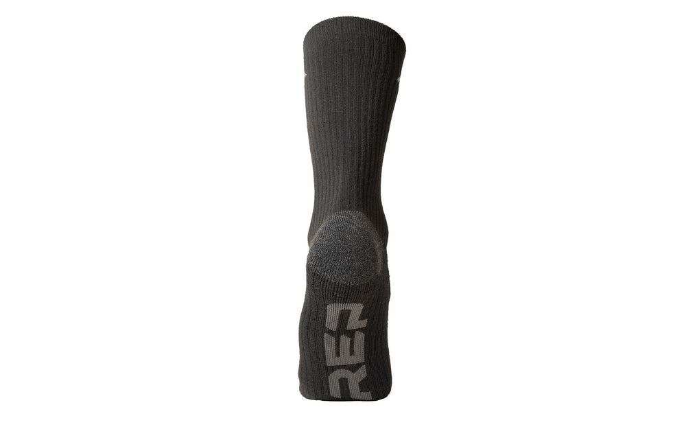 Bottom of black sock. Grey heel and "REP" on bottom