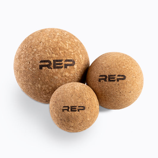 Studio-shot: REP Cork Massage Ball Set in 8cm, 6cm, and 5cm sizes on a white background