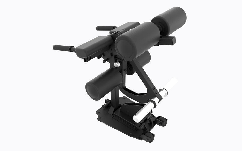 A 3/4 view of the REP Leg Curl/Leg Extension Bench Attachment. This angle highlights the Dual-sided weight horns, Integrated band pegs, Adjustable pads, Built-in Side Handles, and Mobility Wheels.