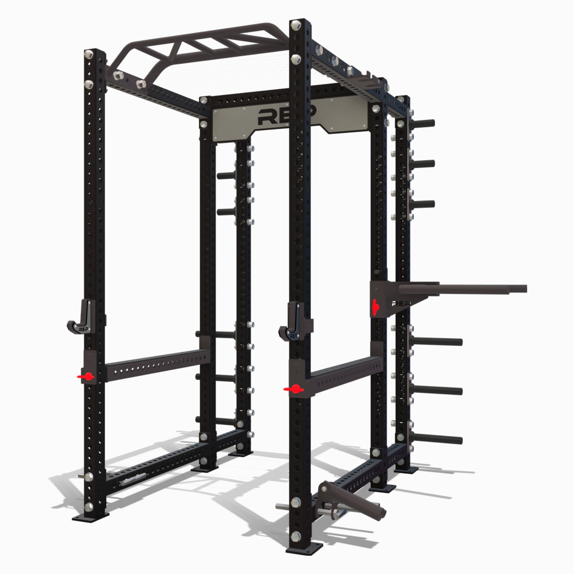 PR-5000 Power Rack Pre-Selected 6-Post with High-End Attachment Package. Includes Multi-Grip Pull-Up Bar, Flat Sandwich J-Cups, Flip-Down Safeties, Dip Station, Landmine Attachment, and Band Pegs.