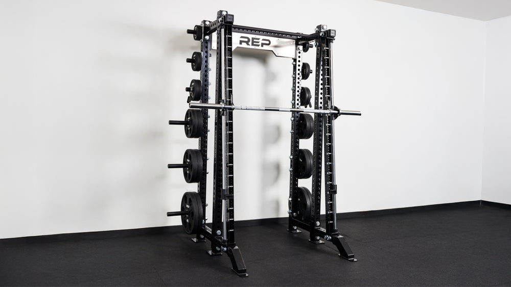 The REP® Smith Machine Rack Attachment mounted to the front of a 4-Post PR-5000