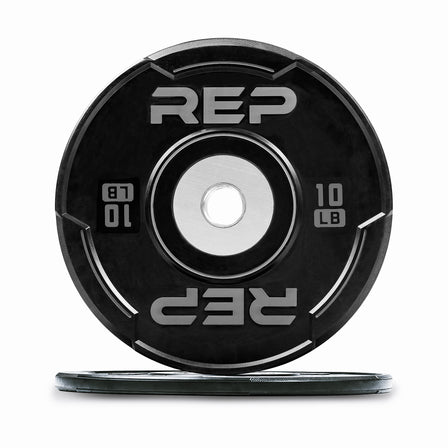 Studio-shot: Front and side profile of an orange 15 lb REP Sport Bumper Plate 2.0 on a white background