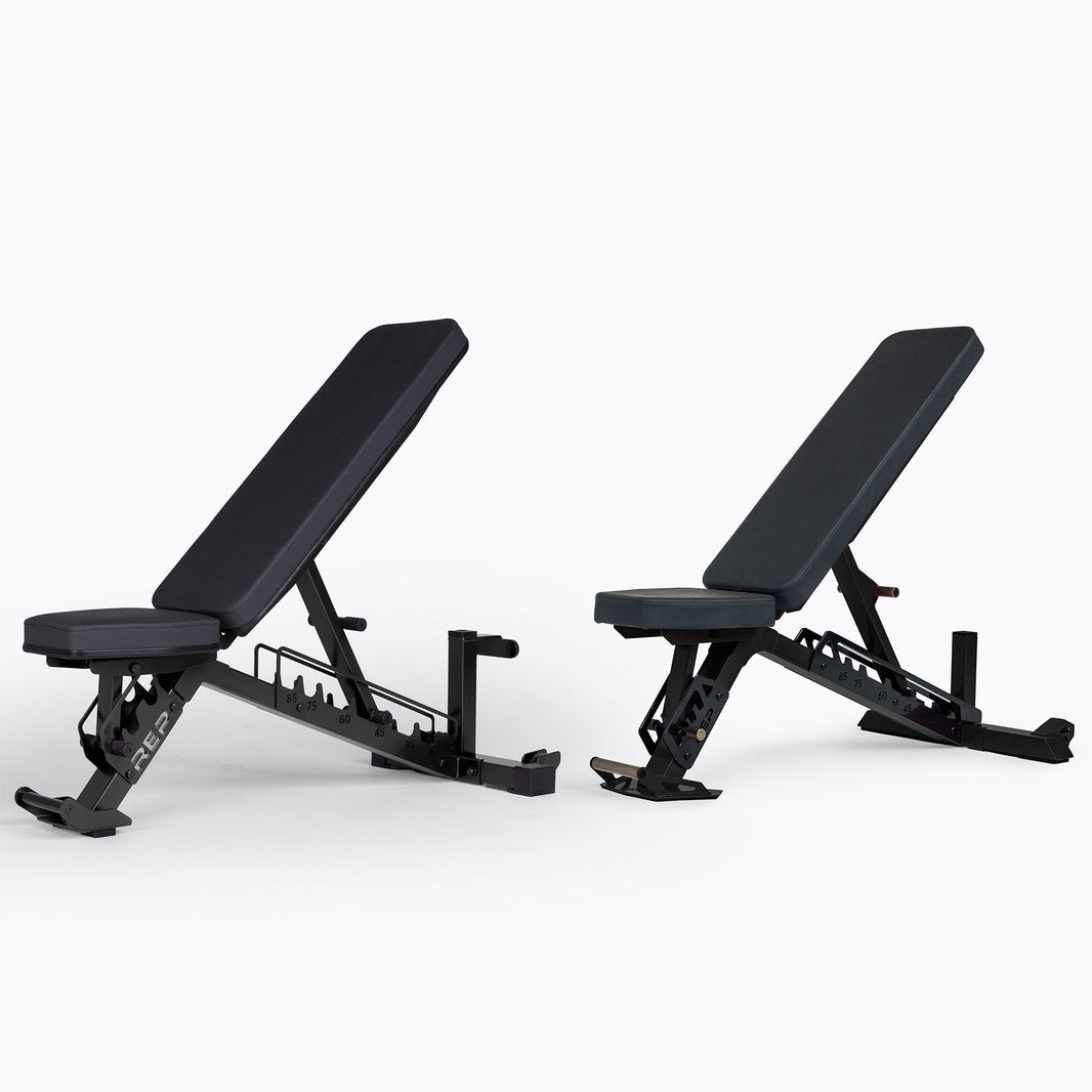Two adjustable benches, the AB-4100 and the Nighthawk, beside each other.