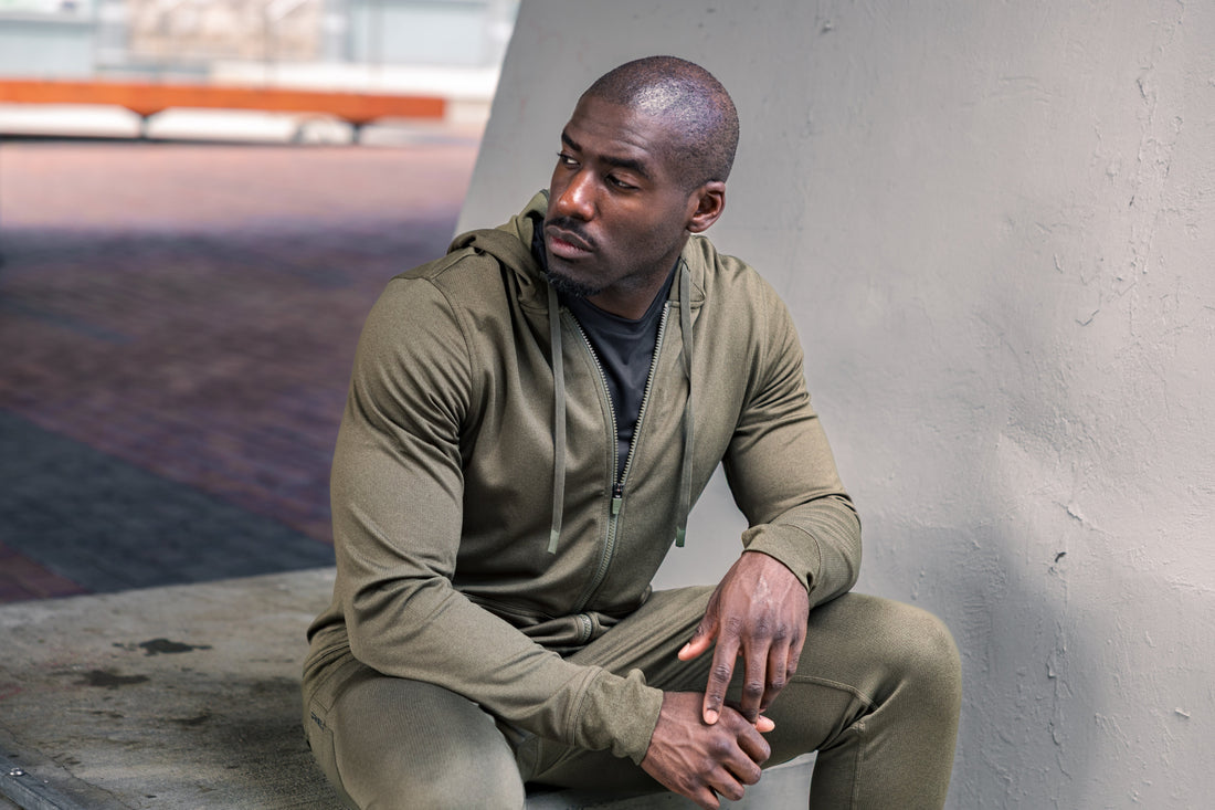 Athlete recovers in REP apparel.