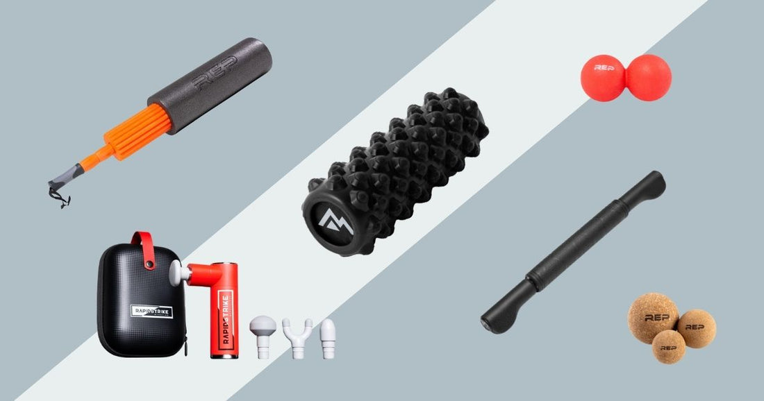 Various recovery tools offered by REP, like massage guns, sticks, and balls, and foam rollers.