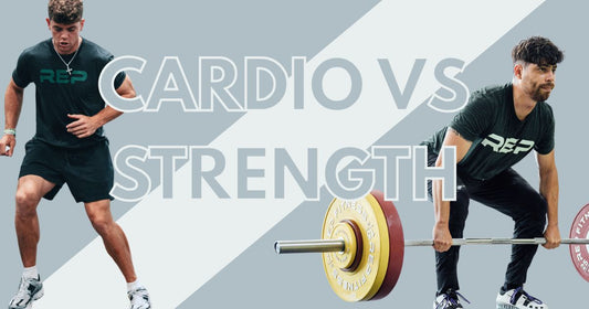 One athlete runs while another athlete lifts weights.