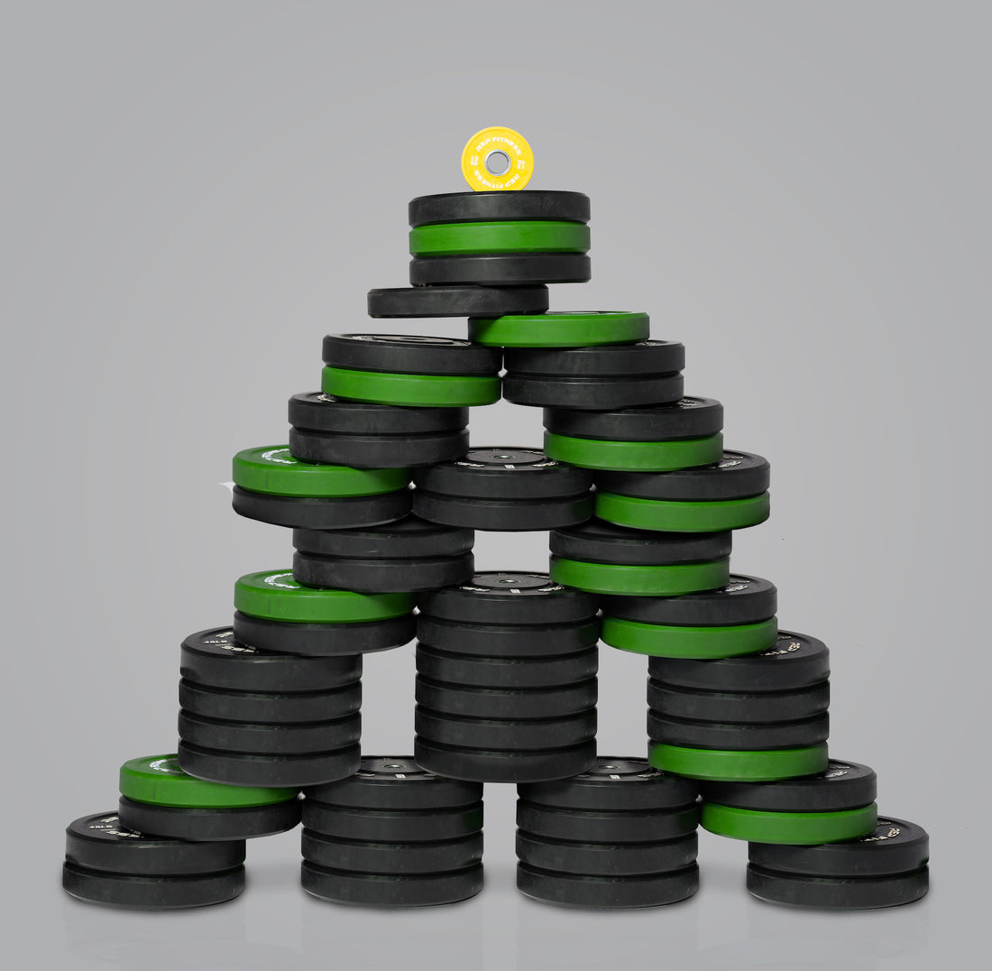 A christmas tree made of weight plates