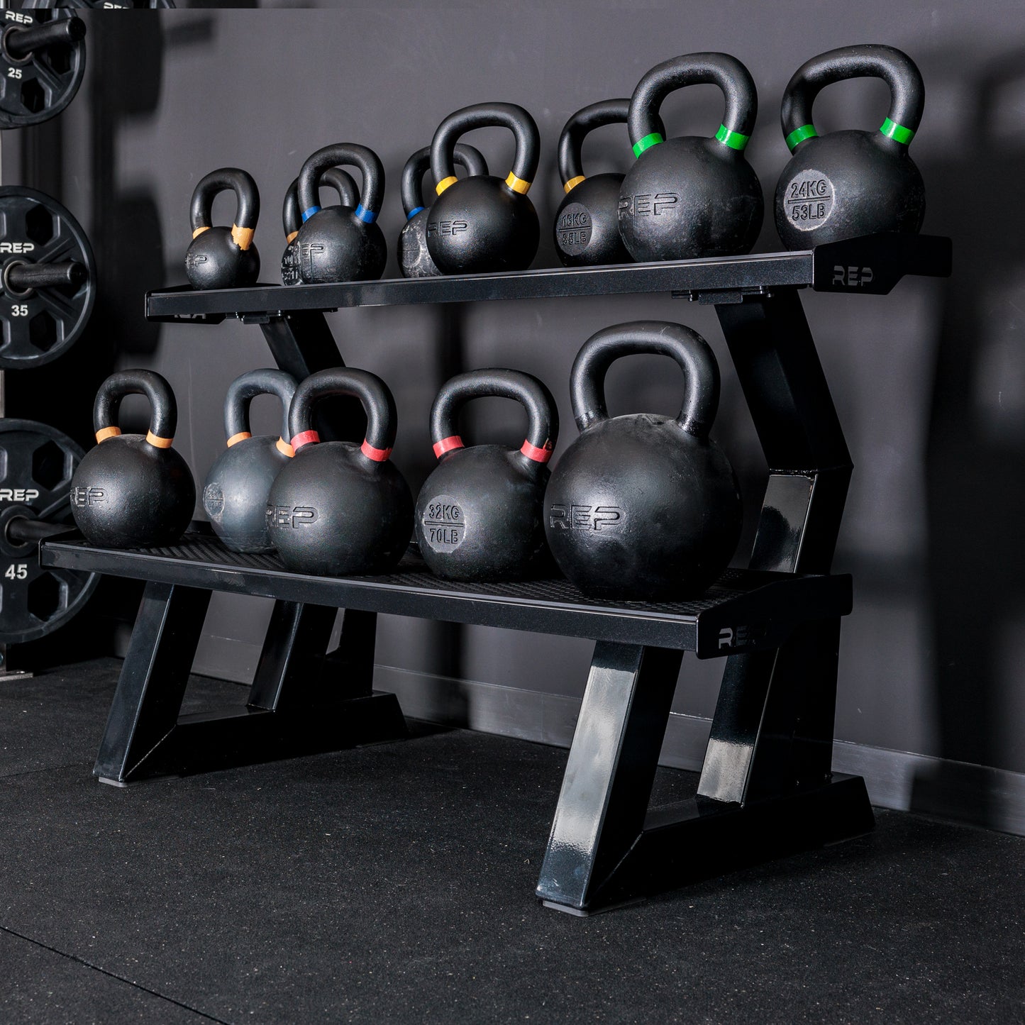 REP Fitness 2-Tier Kettlebell Rack 2.0 loaded with Kettlebells
