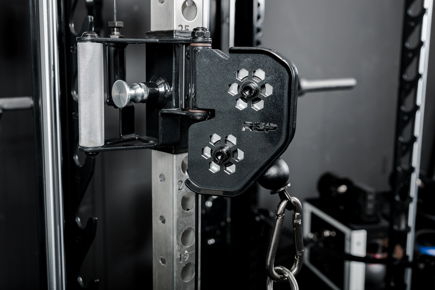 Close-up of the trolleys on the REP Fitness Altitude™ Power Rack Cable Attachment