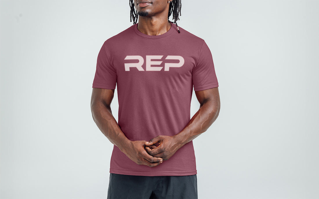 The REP Fitness Men's Daily Driver 2.0 Tri-Blend Crew T-Shirt in Heather Maroon/White on body