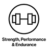 Logo of a barbell with text 'Strength, Performance & Endurance' on a white background