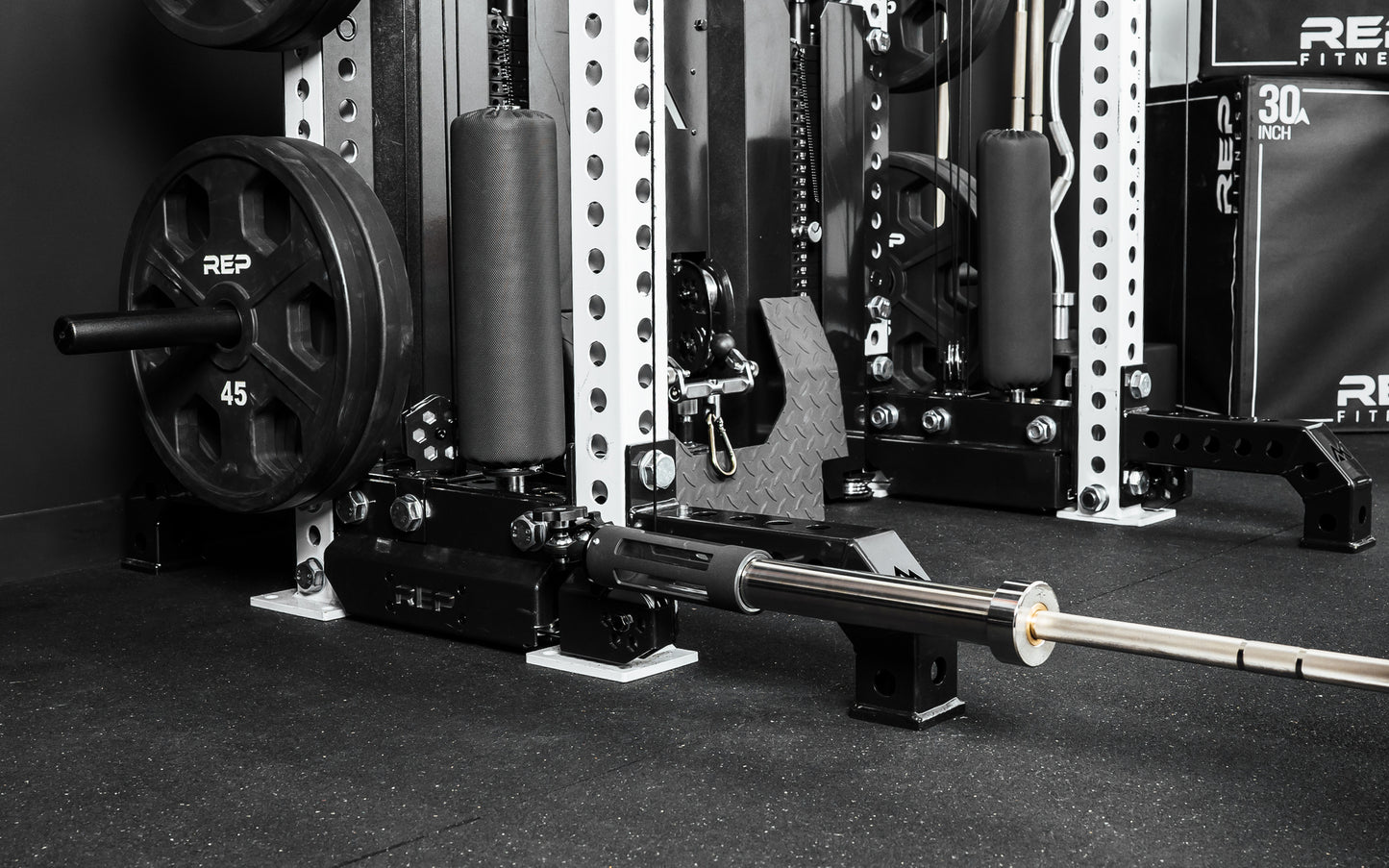 The Rack Mounted REP® x Kleva Built® Adroit Landmine installed on a REP 5000 series Front Foot Extension