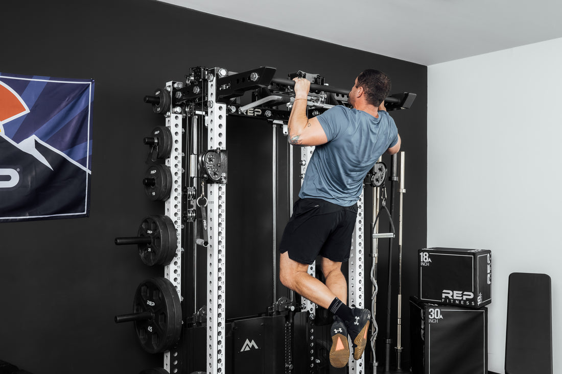 Close-Up of  Pull-Ups being performed on Ares 2.0 4-Post Pull-Up Bar and Pull-Up Bar Extension Brackets 