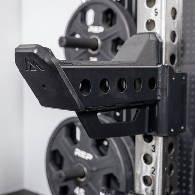Close-up of the REP branding on the front of the Spotter Arms 2.0