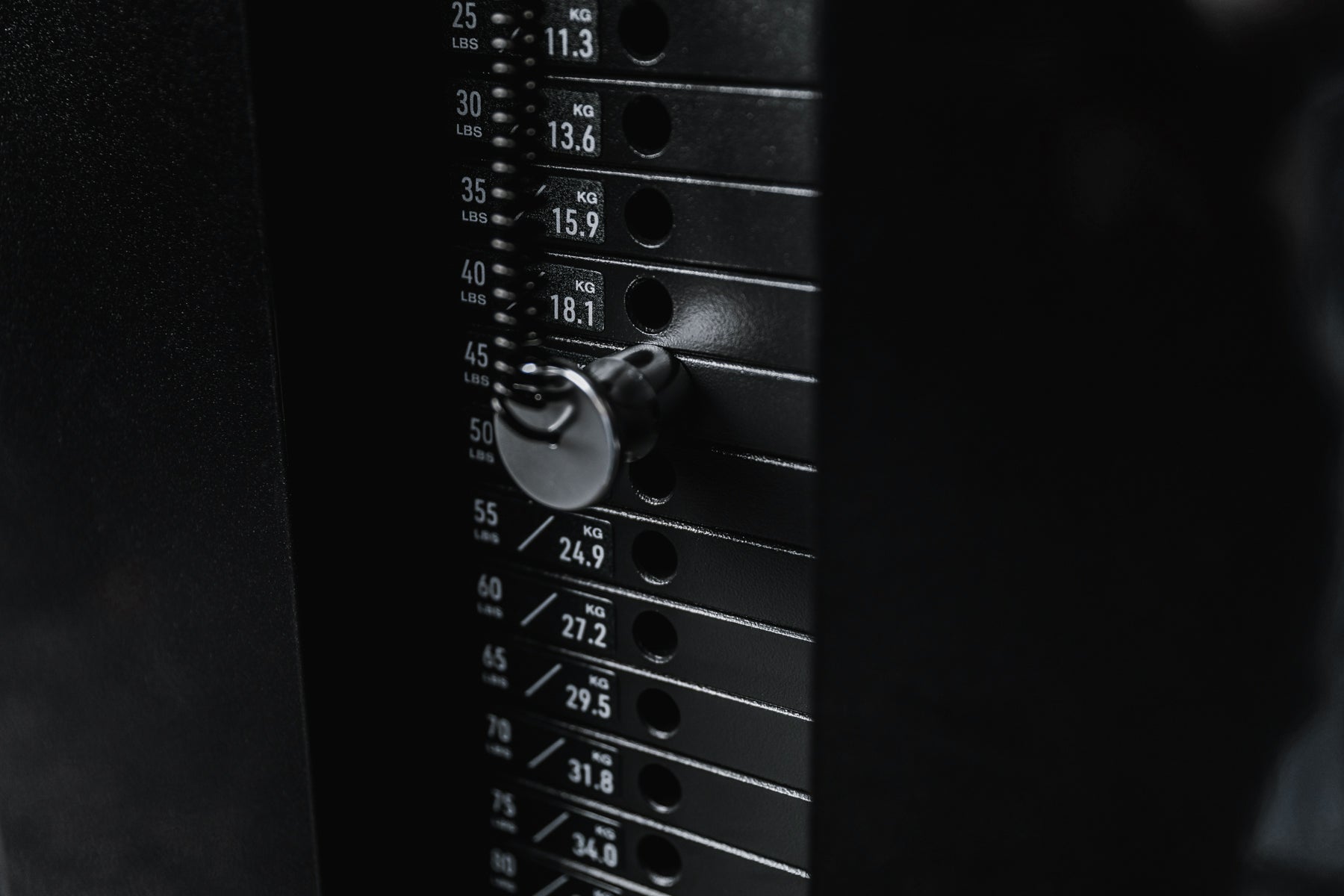 Close-up shot of one of the weight stacks and magnetized pin for the Arcadia™ max