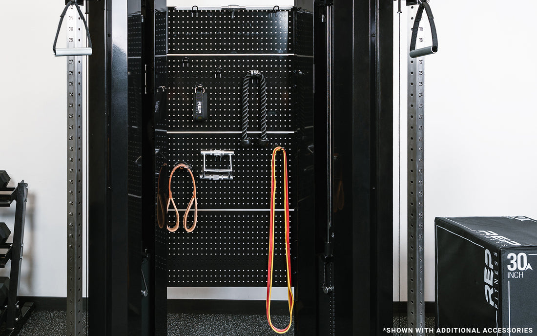 Image of multiple attachments hanging on the black pegboards of the black Arcadia™ max