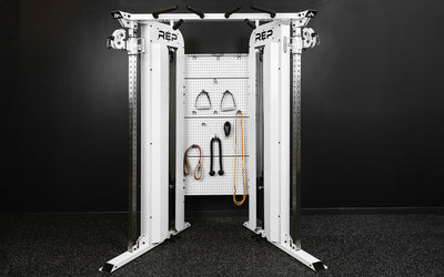 Straight on shot of white version of Arcadia™ max with attachments on the pegboards