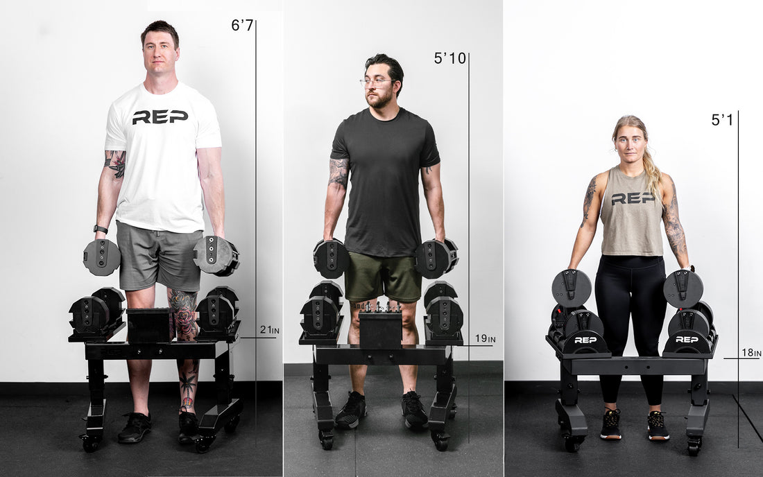 3 part photo showing 3 athletes of different heights unracking dumbbells from the 3 different height settings of the REP Adjustable Dumbbell Stand.