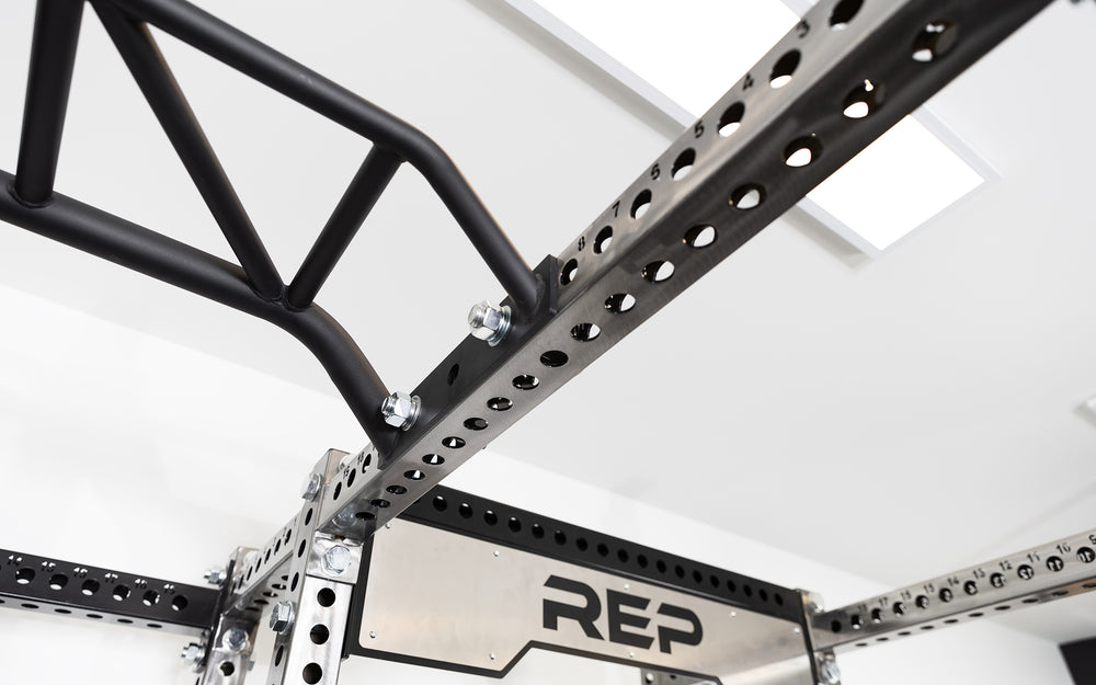 Close up of multi grip pull up bar connecting the Adonis™ and the rack