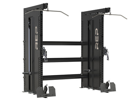 Dual Adonis™ Cable Towers connected by 3 72" modular storage shelves.