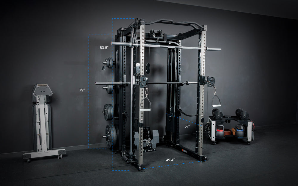 A White REP Fitness Altitude™ Power Rack in a garage home gym
