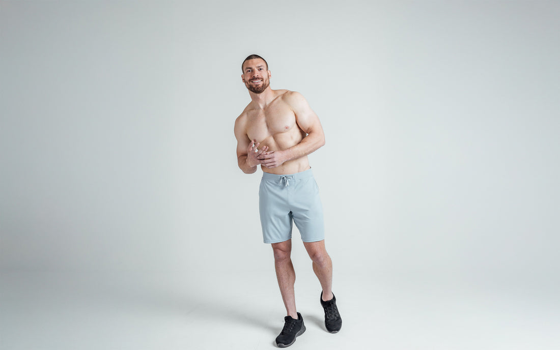 The REP Fitness Men's Versa Shorts in Heather Dusty Blue on body