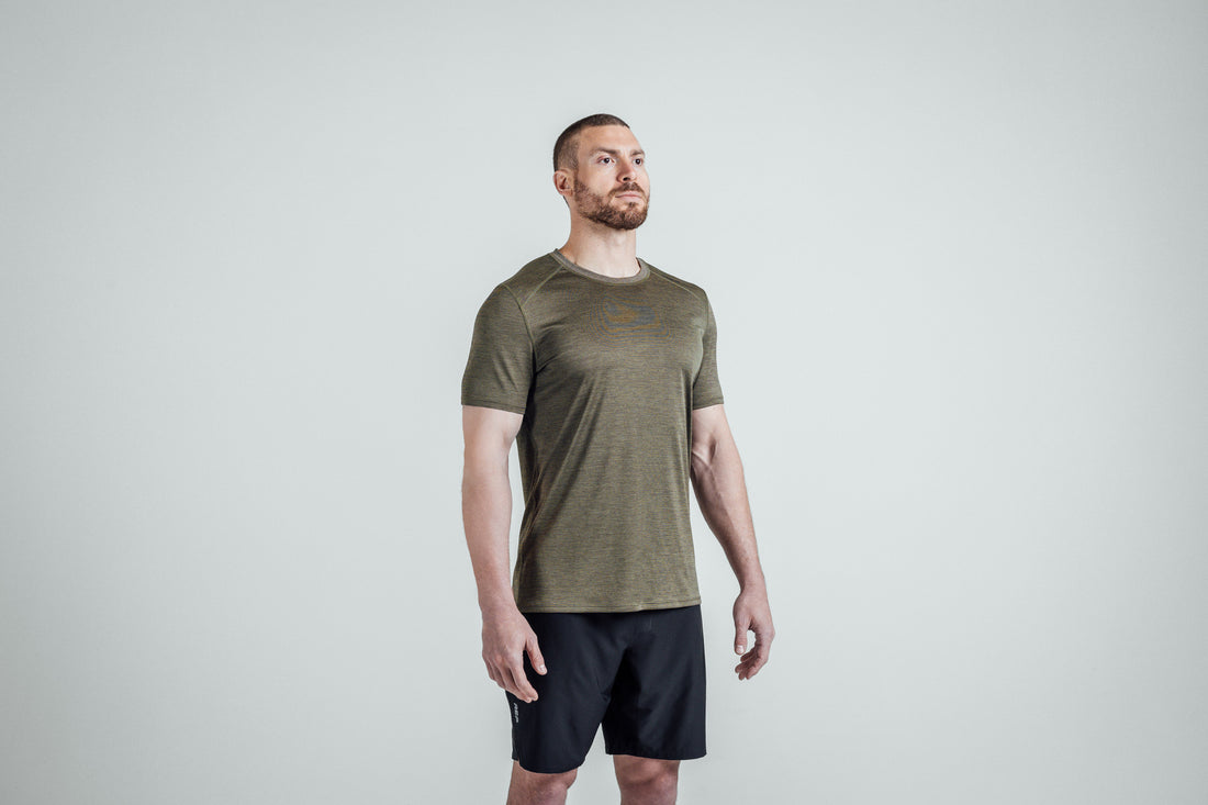 The REP Fitness Men's Sigmatech Shirt in Heather Olive 3/4 angle