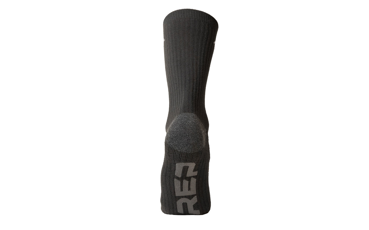 Bottom of black sock. Grey heel and "REP" on bottom
