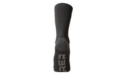 Bottom of black sock. Grey heel and "REP" on bottom