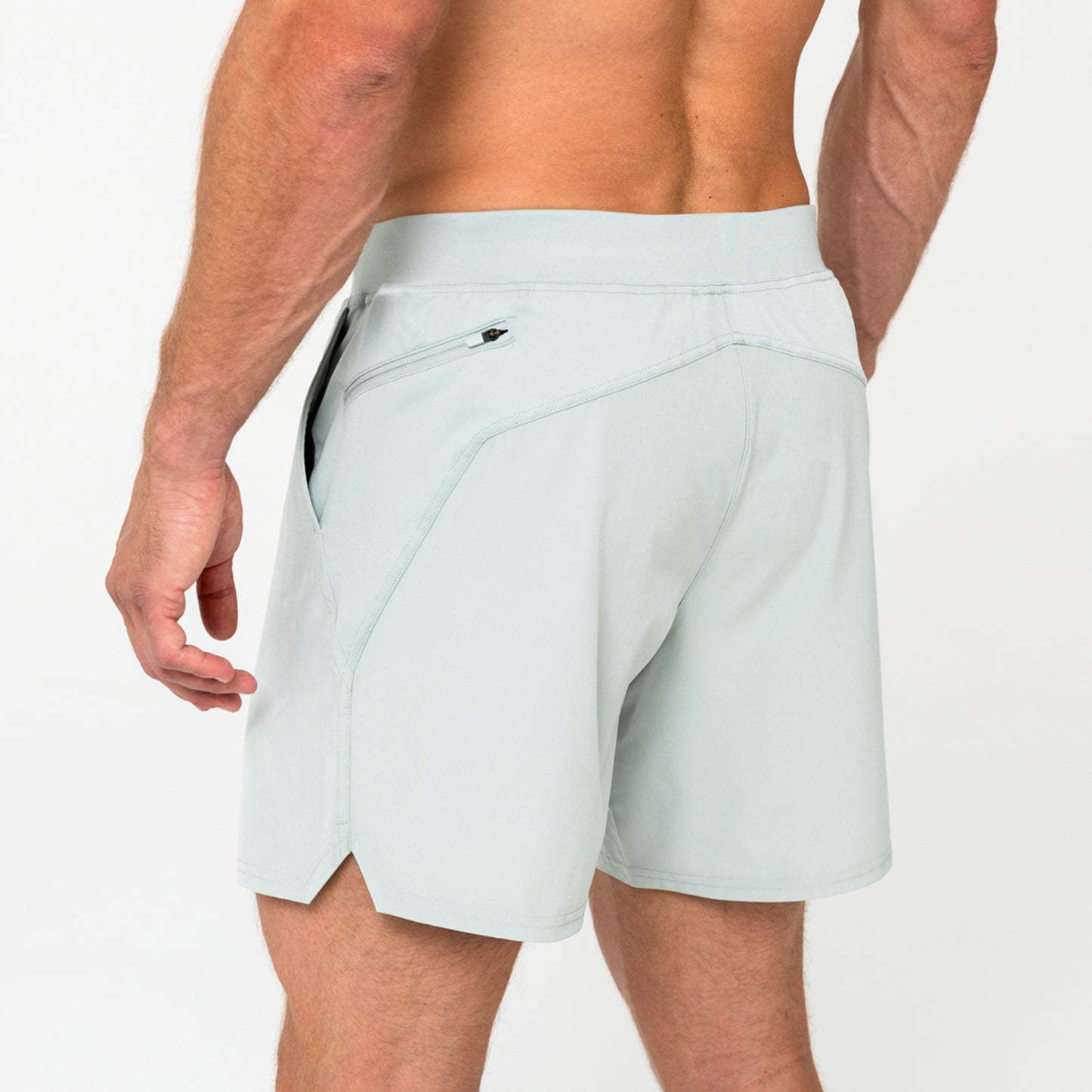 Back view of model wearing REP Pinnacle Shorts in Aqua Gray.