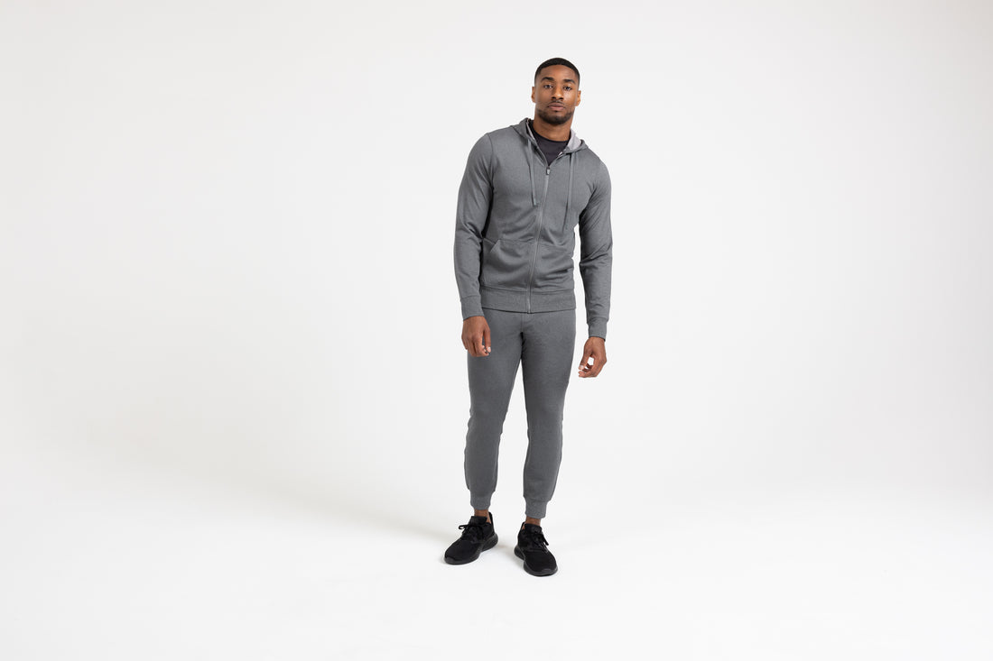 The REP Fitness Men's Attis Joggers in Heather Cool Gray front, with jacket