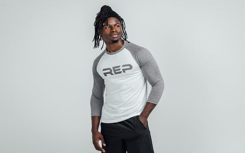 Man wearing White/Gray Daily Driver 3/4 Sleeve Tri-Blend Crew