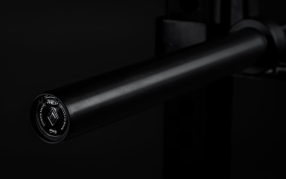 Close-up view of the sleeve of a racked Black Cerakote Black Diamond Power Bar.