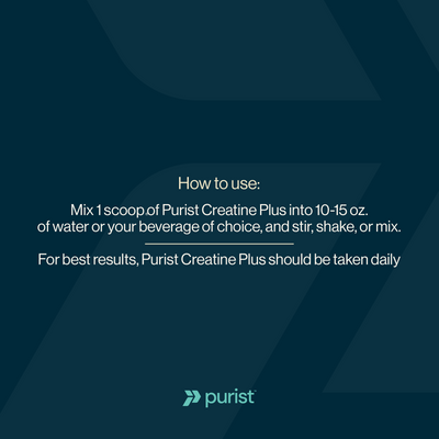 Instructions for using Purist Creatine Plus on a dark blue background with Purist logo. Mix 1 scoop of Purist® Creatine Plus into 10-15 ounces of water or your beverage of choice, and stir, shake, or mix. For best results, Purist® Creatine Plus should be taken daily.