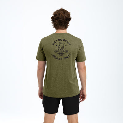 The REP fitness Deadlift Party Tri-Blend Crew T-Shirt in Heather Olive/Black