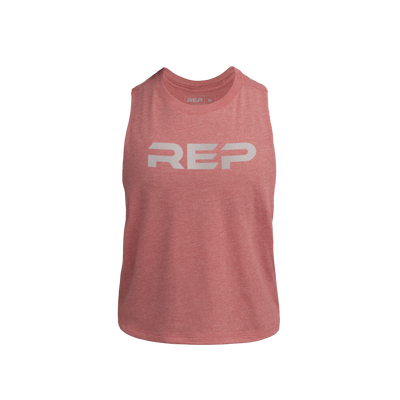 The REP Fitness Women's Daily Driver Cropped Dual-Blend Tank in Heather Mauve/Silver front