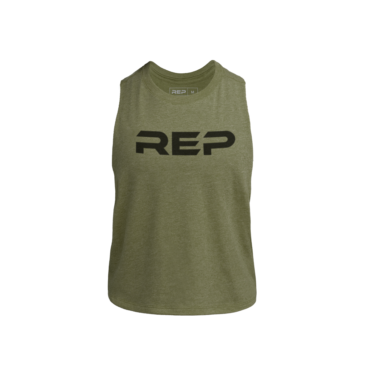 The REP Fitness Women's Daily Driver Cropped Dual-Blend Tank in Heather Olive/Black front