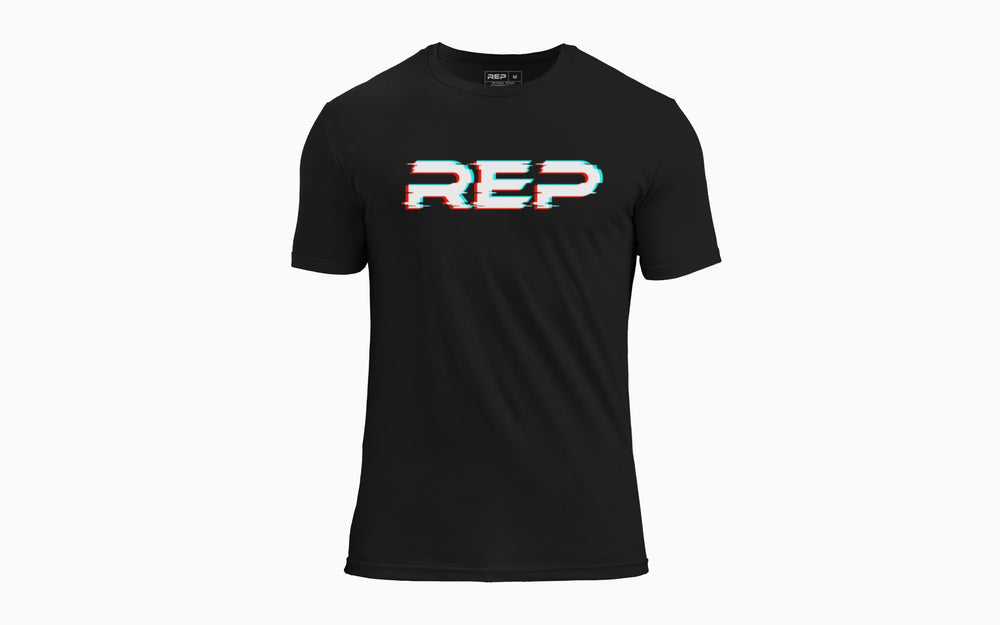 Front: REP's Glitch Tri-Blend Crew T-Shirt in Black with a White graphic