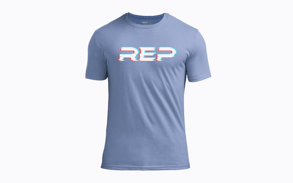 Front: REP's Glitch Tri-Blend Crew T-Shirt in Blue with a White graphic