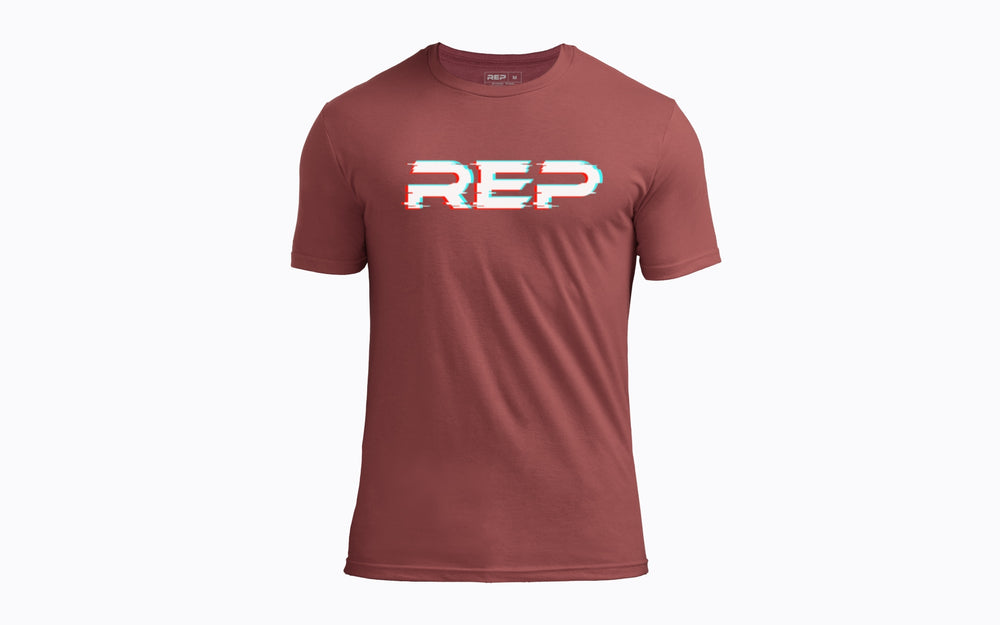 Front: REP's Glitch Tri-Blend Crew T-Shirt in Maroon with a White graphic