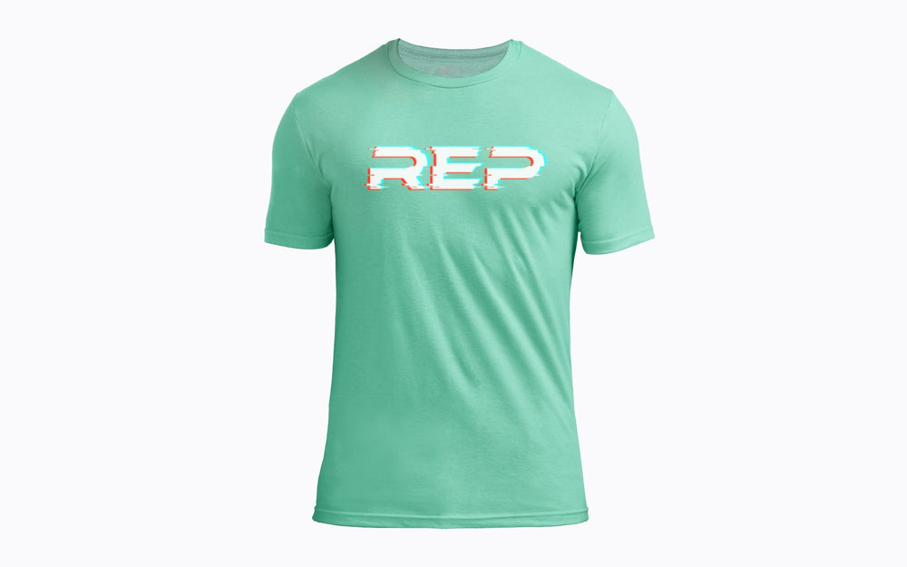 Front: REP's Glitch Tri-Blend Crew T-Shirt in Sage with a White graphic