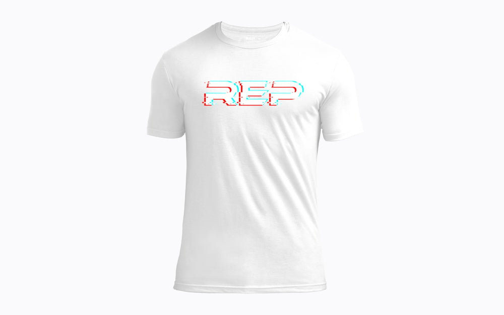 Front: REP's Glitch Tri-Blend Crew T-Shirt in White with a Black graphic