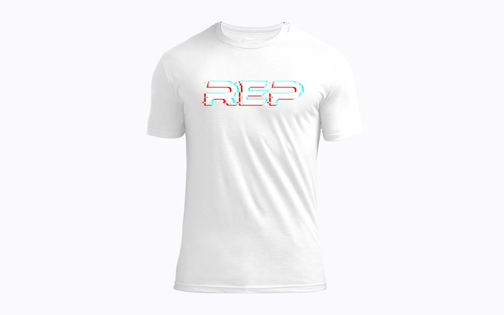 Front: REP's Glitch Tri-Blend Crew T-Shirt in White with a Black graphic