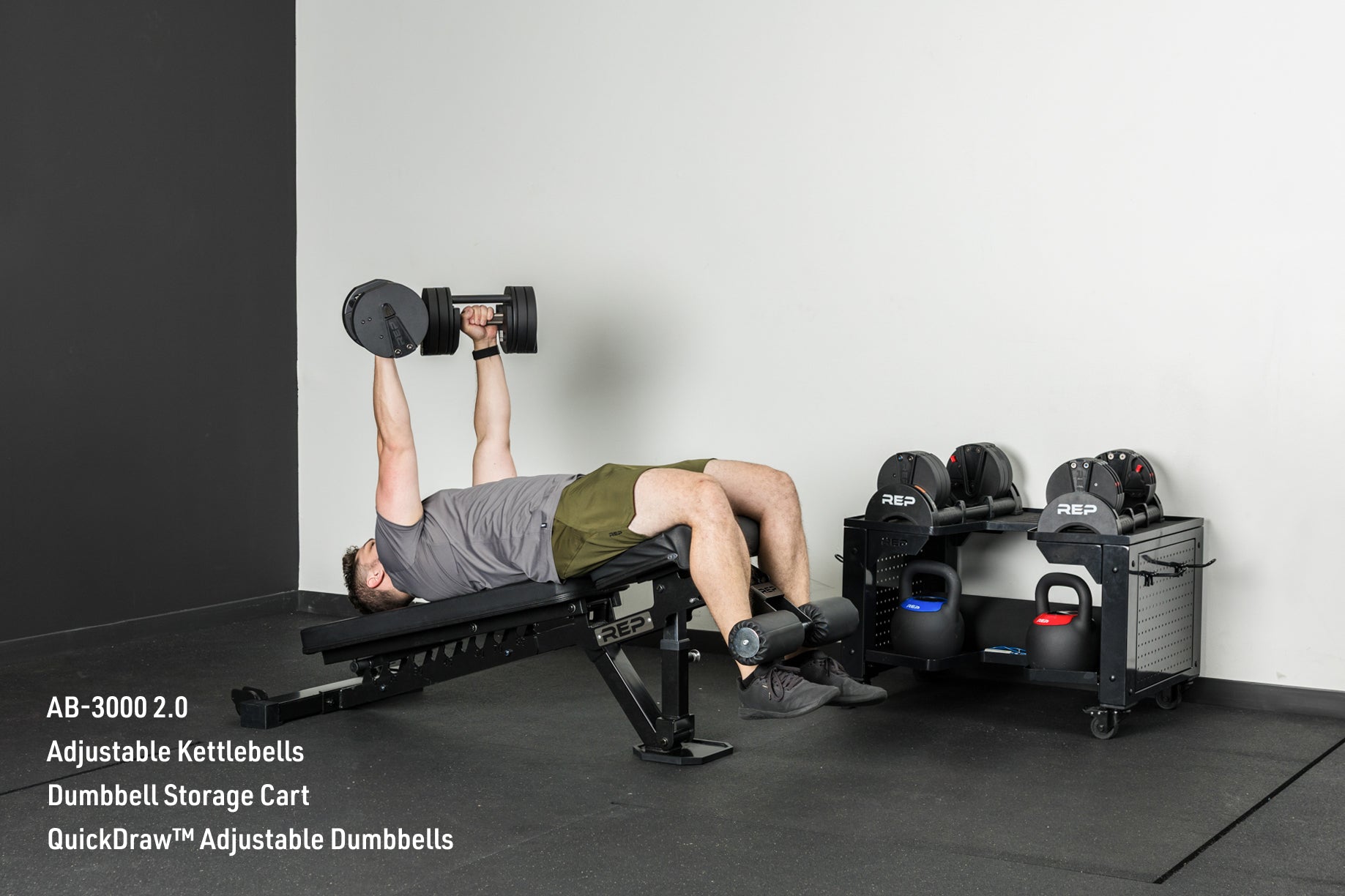 An athlete decline benching with the Quickdraw adjustable dumbbells on the AB-3000 2.0 adjustable bench