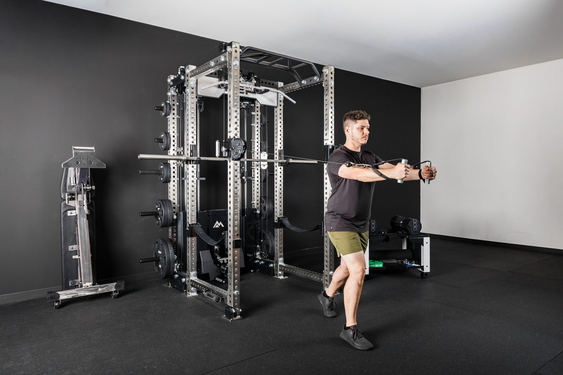 An athlete doing a cable fly exercise on the PR-5000 with an Ares 2.0
