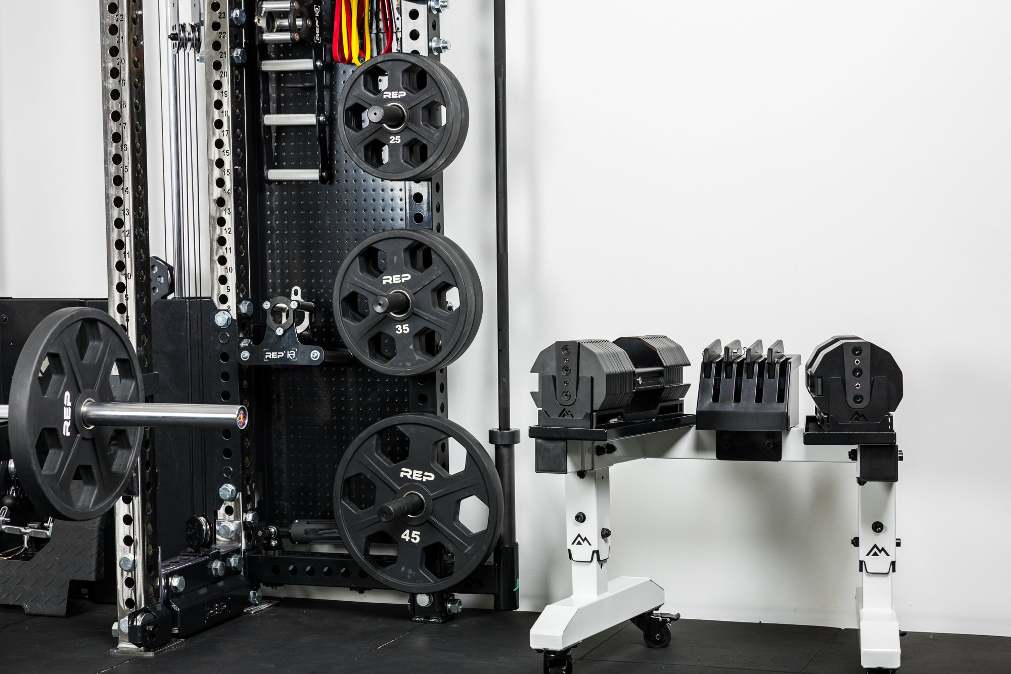 Close-up of the Wall-Mounted Ares 2.0 setup, highlighting the REP® x PÉPIN™ FAST Series™ Adjustable Dumbbell on the Adjustable Dumbbell Stand