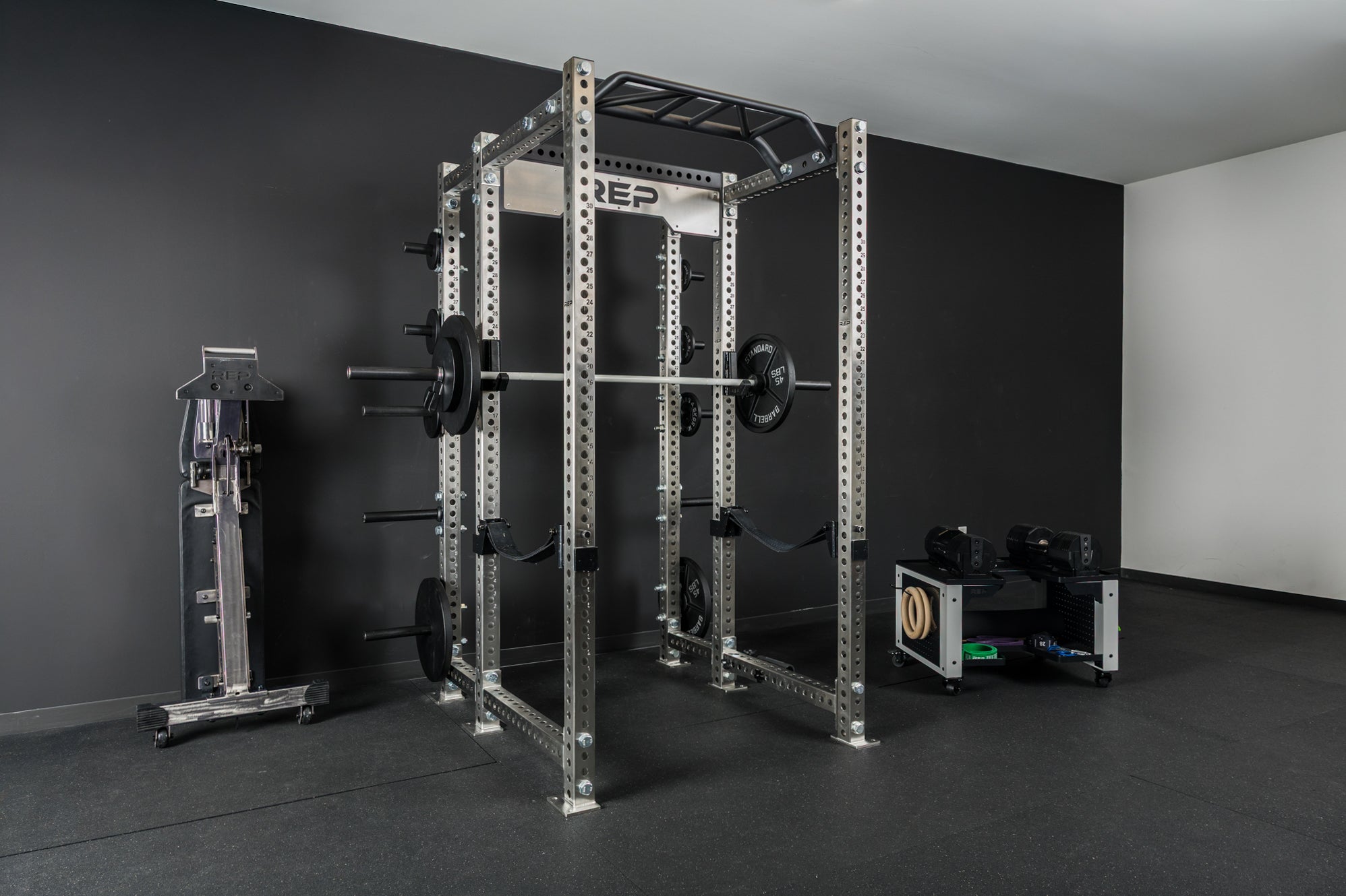 The Home Gym Essentials Package set up and ready for squats